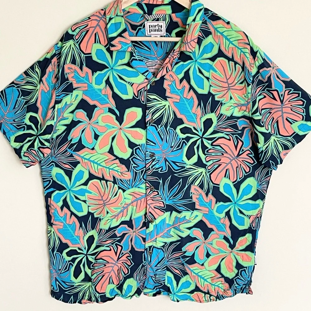 Party Pants Neon Palm Leaf Tropical Hawaiian Button Down Shirt Men’s size Large